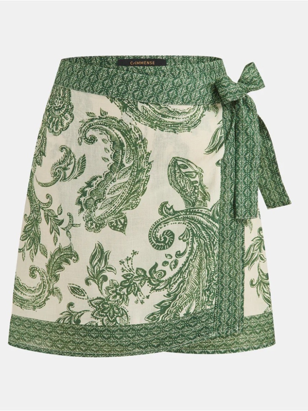 Commense Green and Cream Paisley Wrap Mini Skirt